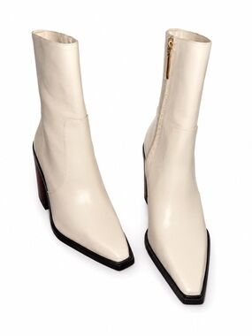 Larroude James Cream Leather Heeled Boots | Square Toe | 7.5